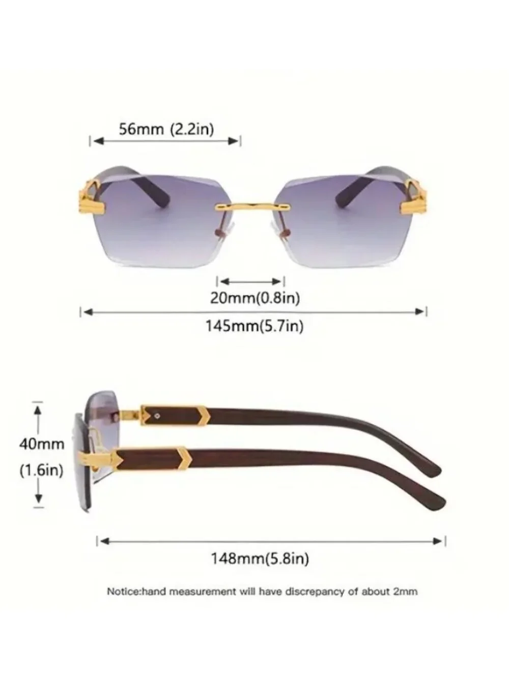 Retro Unisex Rimless Pink Gradient Sunglasses With Gold-Tone & Wooden Arms